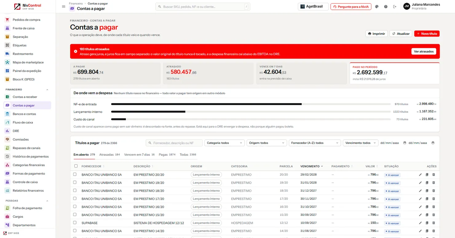 Tela de contas a pagar do NivControl